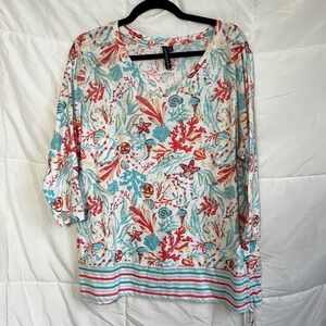 Casey Key 2X 3/4 Sleeve V Neck Tunic Top Coral Sea Life Print Cotton Modal
